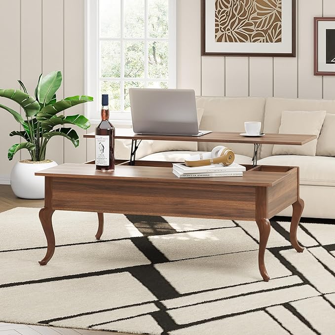 Lift Top Coffee Table, Farmhouse Coffee Table with Hidden Storage, Wood Center Table Dining Table for Living Room, Apartment, Home Office (Walnut)