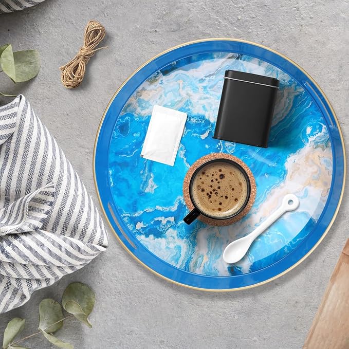 Spsyrine Round Marble Decorative Tray, 13" Plastic Serving Tray with Handles for Breakfast, Ottoman, Coffee Table, Bathroom, Kitchen, Living Room