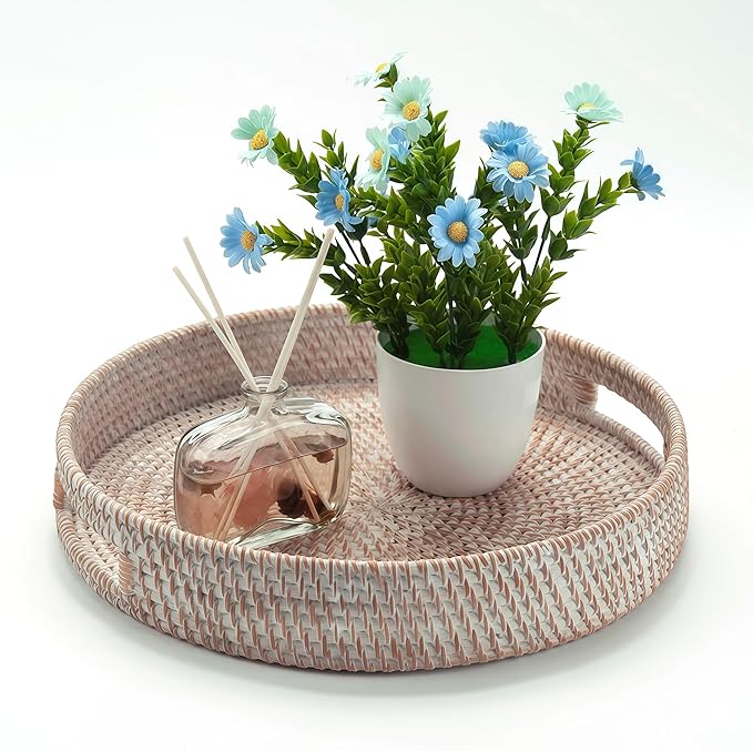 16.9" Round Rattan Tray, Hand Woven Serving Tray with Handles, Wicker Serving Basket, Decorative Tray for Home Decor, Whitewash