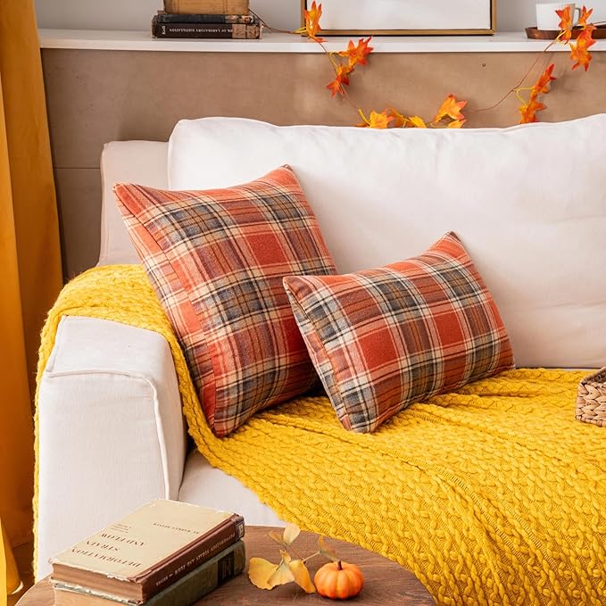 AQOTHES Fall Plaid Orange Throw Pillow Covers 12x20 Inch, Set of 2 Autumn Decorative Throw Pillows for Couch Sofa Bed Living Room Home Decor, Accent Pillow Cases for Farmhouse Couch Cushion Covers