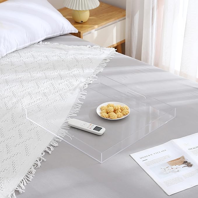 Large Clear Acrylic Serving Tray with Handles-24x24x2 Inch Spill Proof Tray for Ottoman,Coffee Table, Breakfast, Tea, Food, Butler -Safe Edge Organizer-King Size