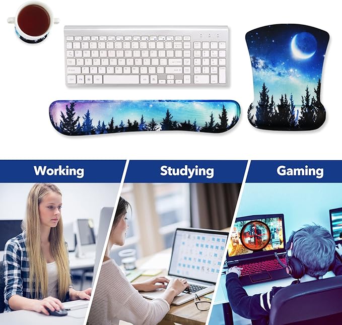 AIMSA Ergonomic Keyboard Wrist Rest and Mouse Pad with Wrist Support Set, Memory Foam Non-Slip Rubber Base, for Gaming, Working, Home, Office, Easy Typing, Pain Relief, Forest Moon Sky
