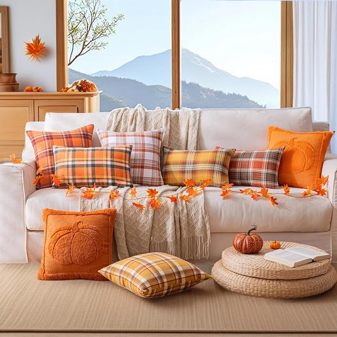 Fall Plaid Orange Red Throw Pillow Covers 18x18 Inch, Set of 2 Autumn Decorative Throw Pillows for Couch Sofa Bed Living Room Home Decor, Accent Pillow Cases for Farmhouse Couch Cushion Covers