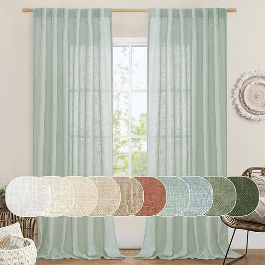 LAMIT 102 Inch Length Light Filtering Sheer Linen Curtains, Linen Textured Semi Sheer Back Tab and Rod Pocket Natural Boho Drapes for Living Room/Farmhouse, 2 Panels, Light Sage, 52 x 102 Inch