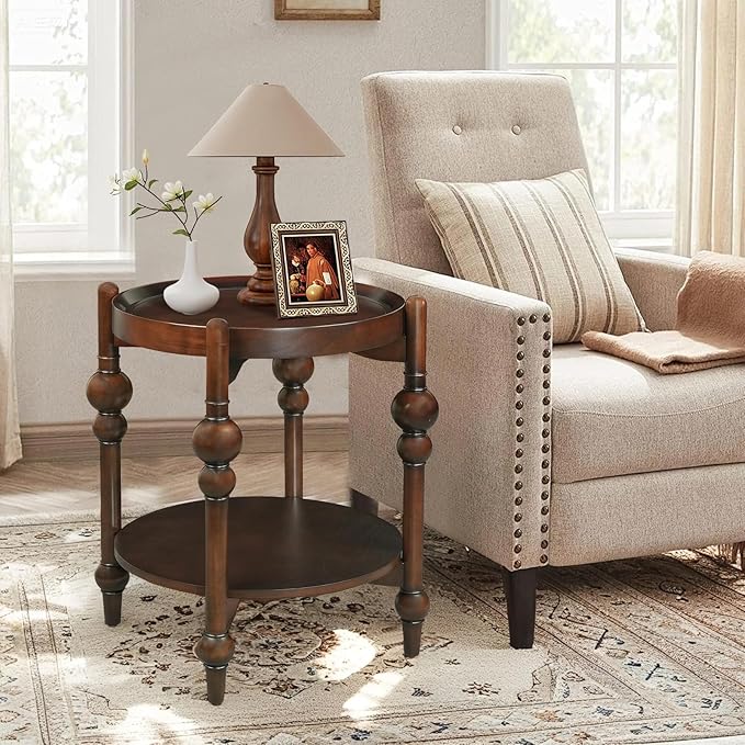 23" Round End Table, Mid Century Modern Side Table with Solid Wood Frame and Top, Small Night Stand for Living Room Office Apartment, Walnut