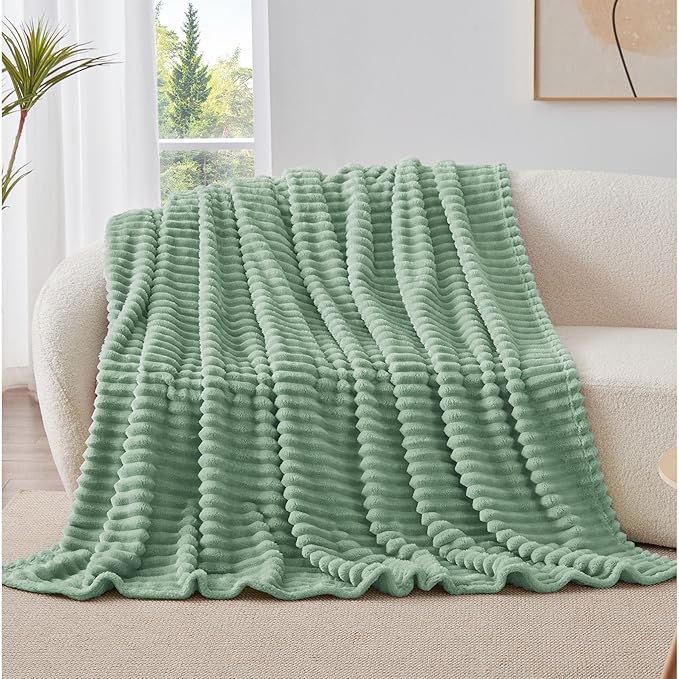 BEDELITE Fleece Throw Blanket for Couch - 300GSM Soft & Warm Fluffy Sage Green Blanket, Decorative and Giftable Striped Blankets for Women, Men, 50"x60"