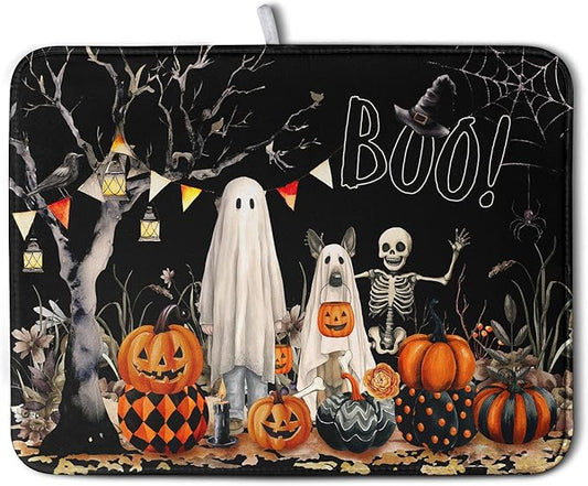 Halloween Dish Drying Mat for Kitchen Counter 18x24 Inch Black Ghost Pumpkins Dog Boo Skull Dishes Drainer Mats Absorbent Microfiber Washable Dish Draining Pad for Sink Coffee Bar