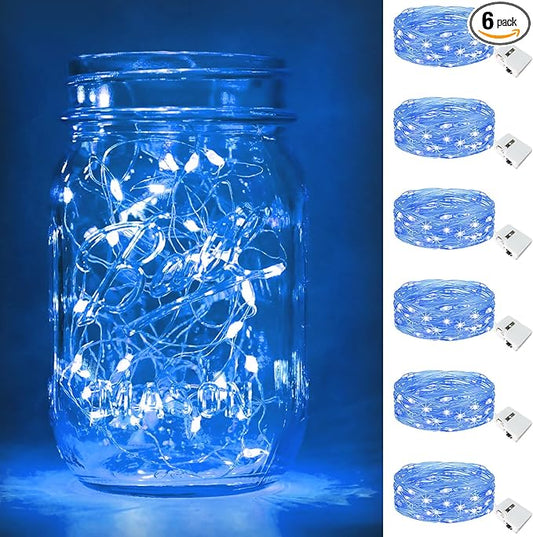 btfarm 6 Pack Fairy Lights Battery Operated [3 Modes], 7ft 20 Led Twinkle Lights String Lights Waterproof Bulk Small Mini Silver Wire for Mason Jars Vases Wedding Table Centerpiece, Blue