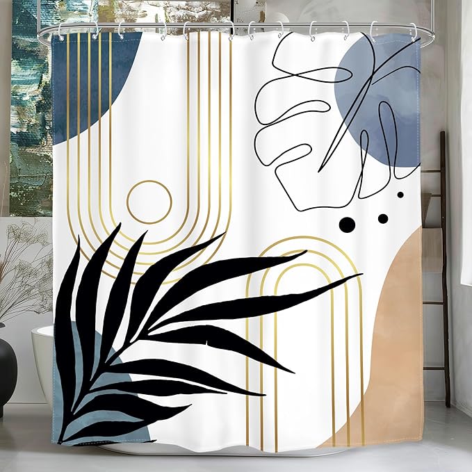 Glawry Abstract Tropical Shower Curtain Chic Boho Plant Palm Leaf Watercolor Blue Simple Minimalist Bathroom Modern Botanical 60Wx72L Inches Bath Accessories Art Home Decor Fabric with Hooks