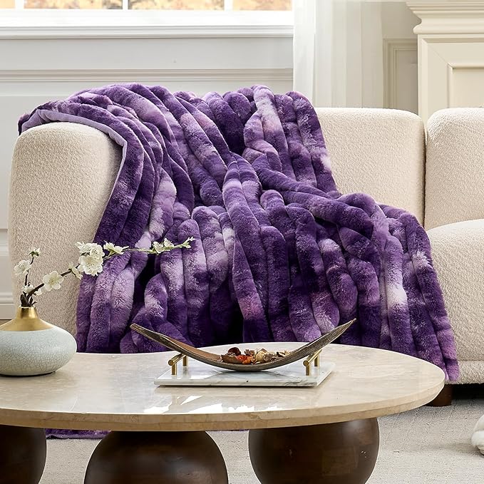 Cozy Bliss Faux Fur Throw Blanket for Couch, Cozy Warm Plush Striped Blanket for Sofa Bedroom Living Room, 60 * 80 Inches Tie-dye Purple