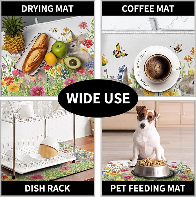Easter Dish Drying Mat for Kitchen Counter Easter Bunny Flowers Dish Drying Pad Spring Rabbit Floral Dishes Drainer Mats Absorbent Microfiber Kitchen Countertop Protector Drying Mats 16x18 in