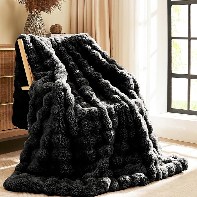 L'AGRATY Faux Rabbit Fur Blanket: 90" x 90" Queen Luxury Soft Fluffy Thick Fur Throw Blanket for Couch Bed Sofa - Cozy Plush Bubble Blankets for Winter: Flannel Fleece Decorative Blanket(Black)