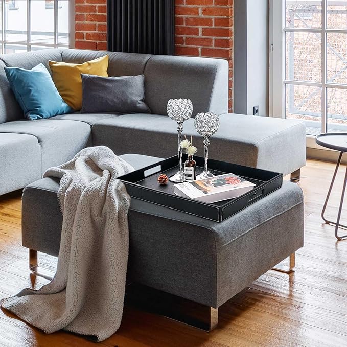 Ranslen Serving Tray with Handles, 20 x 16 Inch Ottoman Tray for Coffee Table, Breakfast, Kitchen Home Black Tray Decor Extra Large, Rectangular