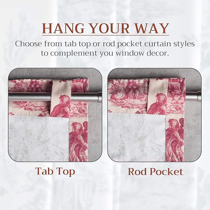 Maison d' Hermine Curtains for Living Room 100% Cotton 108 inch Length Two Panels Light Filtering Toile Curtains for Bedroom Windows with Rod and Loop Pockets Drapes (The Miller Red, 50" W x 108" L)