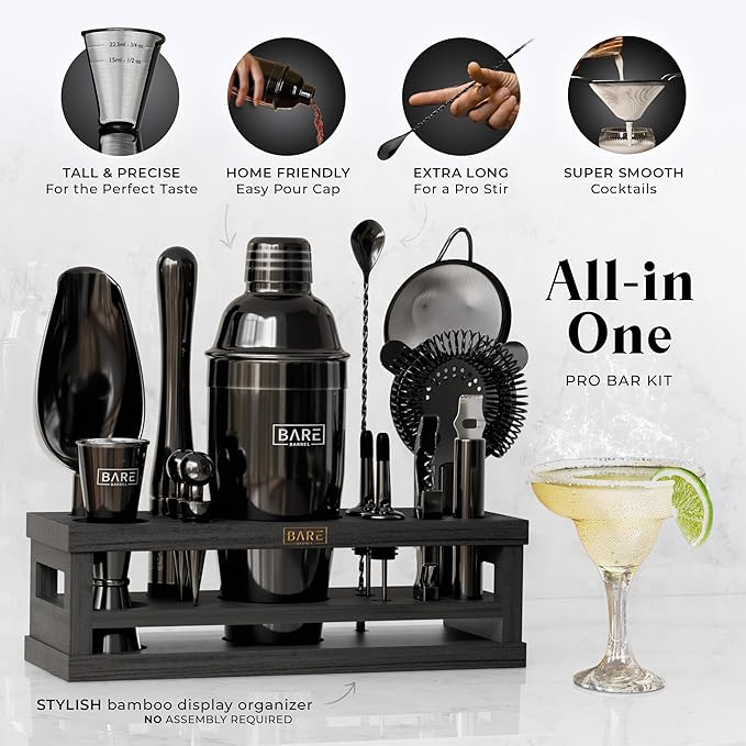 BARE BARREL® Mixology Bartender Kit Bar Set | 16-Piece Cocktail Shaker Set | Martini Barware Mixing Tools for Home Bartending | Incl. 35 Recipe Cards | Gift Set (24oz Cobbler Shaker, Jet Black/Black)