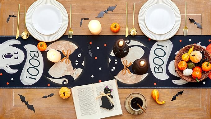 YATOJUZI Black Cat Table Runner - Halloween Table Runners Black Cat Ghost Pumpkin Decorations Decor for Home Kitchen Dining Table Halloween Party - 13x72 Inch