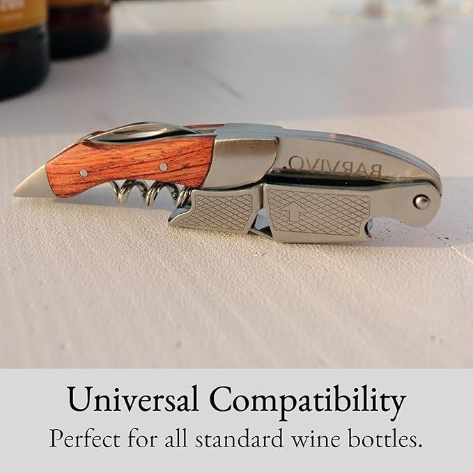Barvivo Wine Bottle Opener with Double Hinged Corkscrew - 4.5-Inch Manual Wine Key with Foil Cutter and Cap Remover - Stainless Steel Bar Key Tool for Bartenders and Servers - Natural Rosewood Handle