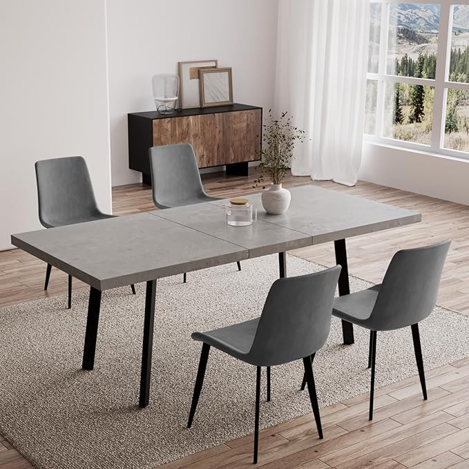 5PCS 47.2"- 62.9" Extendable Dining Table Set, Kitchen Table with PU Leather Dining Chairs for 4-6 Person, Thickened Expandable MDF Wooden Table with Metal Legs