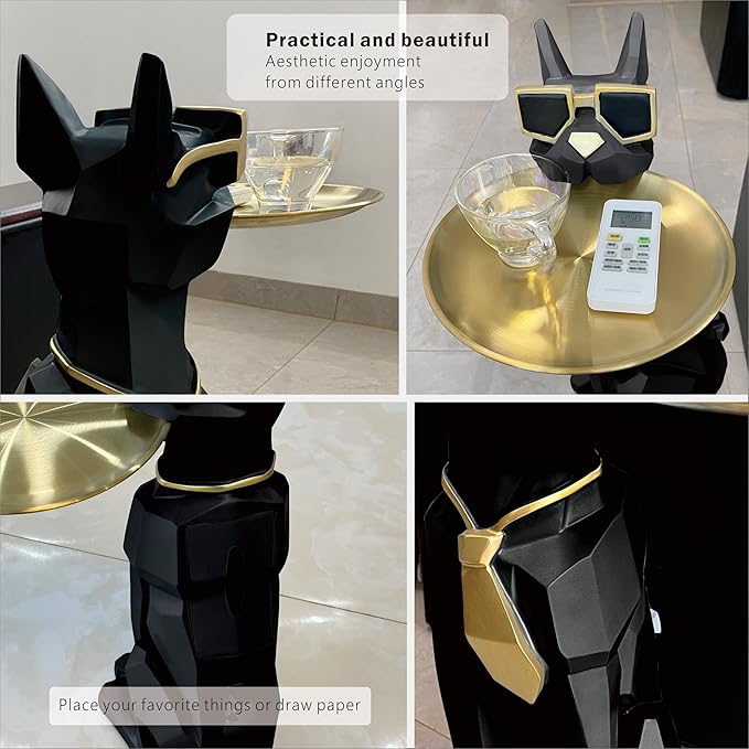 Beautiful and Elegant Decorative Pieces for Home, Dog Side Table with Tray and Storage，Dog 3D Sculpture Coffee Table Unique Home Decor(Black)