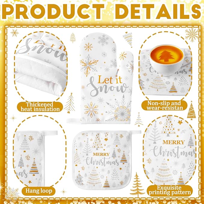 10 Pcs Christmas Kitchen Decor Set Kitchen Towels and Rugs Oven Mitts Pot Holders Absorbent Towels for Baking Cooking BBQ Gifts Home Decor(White and Gold,Understated)