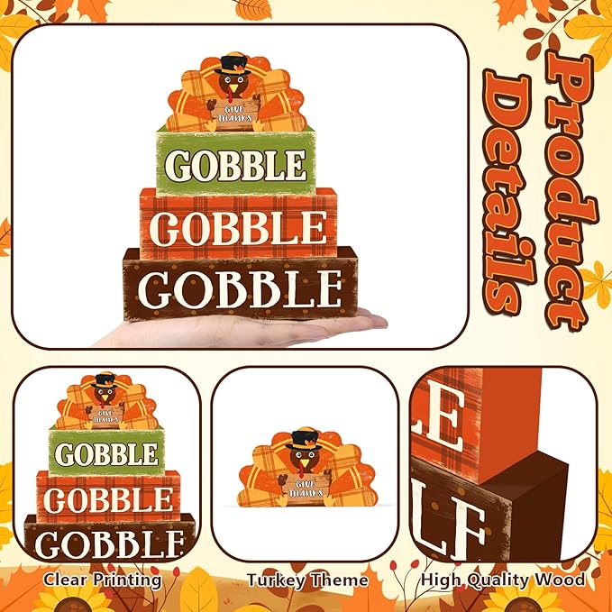 4 Pcs Fall Decorations for Home Thanksgiving Turkey Tiered Tray Decor, Fall Table Decor Farmhouse Rustic Wooden Turkey Block Sign Autumn Harvest Tabletop Centerpieces for Home Kitchen Indoor