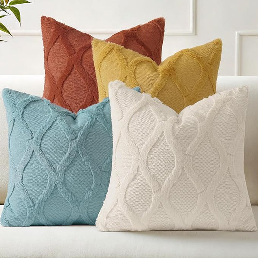 decorUhome Set of 4 Throw Pillow Covers 16x16 Inch, Neutral Decorative Soft Plush Faux Wool Couch Pillow Covers, Farmhouse Pillow Cases for Living Room Bed Sofa (Beige/Rust)