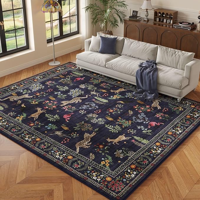 Rugcomf Living Room Rug 6x9 Rug Machine Washable Boho Area Rug Non Slip Floral Animal Vintage Low Pile Large Rug for Living Room, Bedroom, Farmhouse, Dining Room, Kids Playroom (Blue)