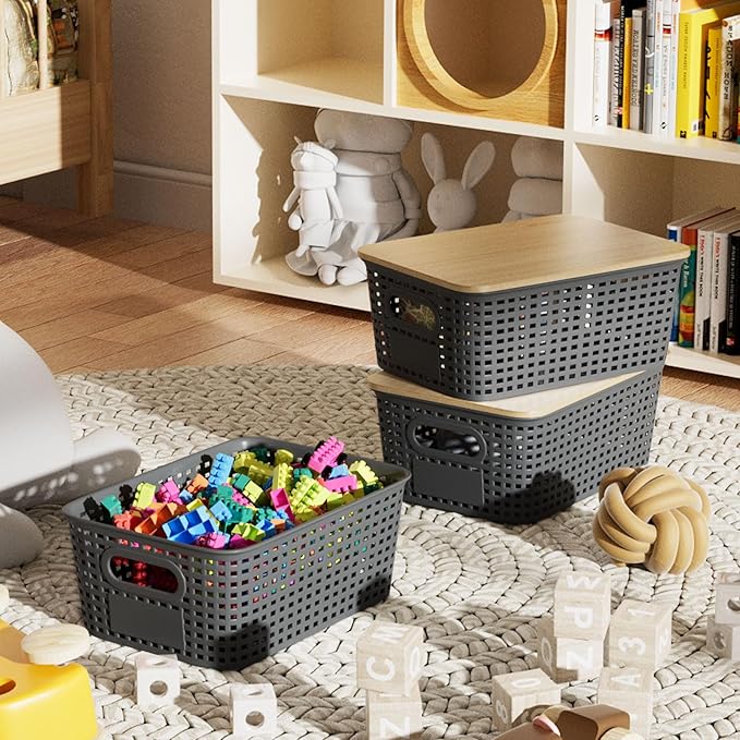 Small Storage Bins with Bamboo Lid, Plastic Storage Box with Lid, 5QT Stackable Organizing Basket with Lable, Storage Container for Classroom, Office, Closet, Shelf Organization, 10x7x4 In-Grey-6 Pcs