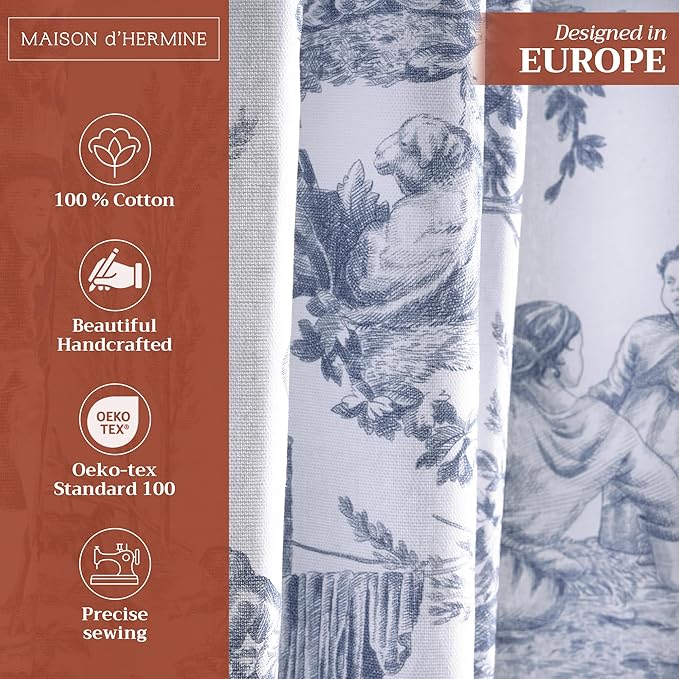 Maison d' Hermine Curtains for living room 100% Cotton 124 inch length One Panel Light Filtering Toile Curtains for Bedroom with rod and loop Pockets (The Miller Blue (White Background), 50"W x 124"L)