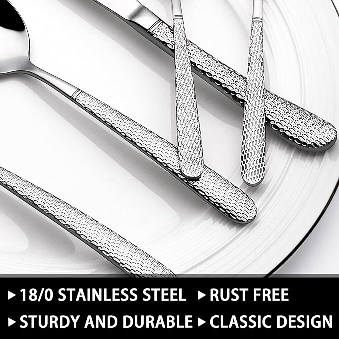 49-Piece Hammered Silverware Set with Organizer, Heavy Duty Stainless Steel Flatware for 8, Cutlery Utensil Sets with Steak Knives, Rust-proof, Mirror Polished, Dishwasher Safe