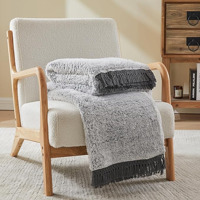 EMME Soft Sherpa Fleece Blanket with Tassel, Reversible Plush Fluffy Large Blanket, Light Weight Warm Decorative Boho Blanket Cover for Sofa, Couch, Bedroom,Travel(Tassel Grey,90"x90")