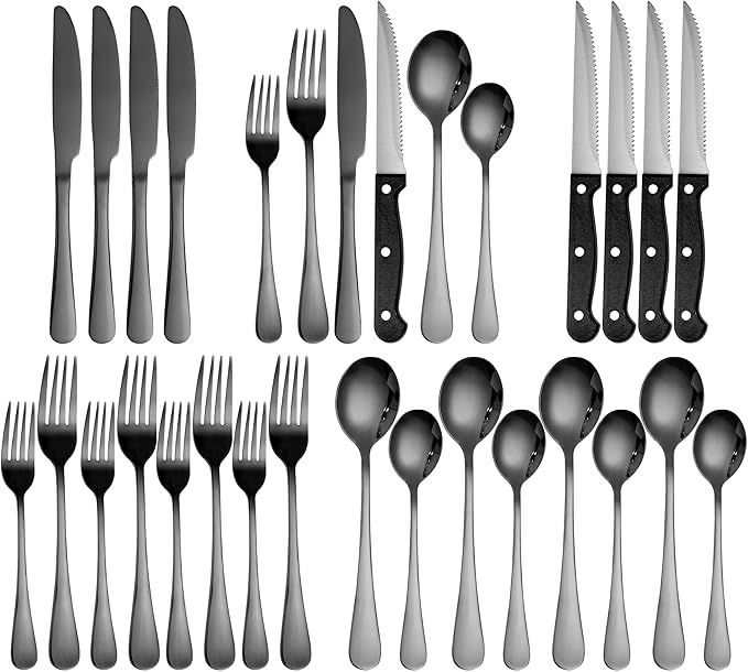 24 Pcs Balck Silverware Set for 4, Food-Grade Stainless Steel Flatware Set,Mirror Polished Cutlery Utensil Set, Include Steak Knife Fork and Spoo, Dishwasher Safe