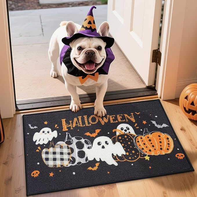 JSEI Halloween Holiday Doormat, 17''x30'' Non-Slip Ghost and Pumpkins Decorative Welcome Mats for Floor, Low-Profile Entryway Rugs Washable, Pumpkins Party Pattern