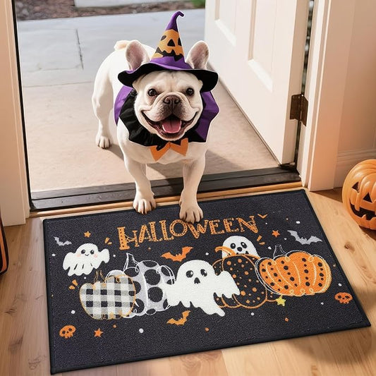 JSEI Halloween Holiday Doormat, 17''x30'' Non-Slip Ghost and Pumpkins Decorative Welcome Mats for Floor, Low-Profile Entryway Rugs Washable, Pumpkins Party Pattern