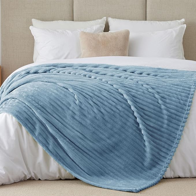 BEDELITE King Size Blanket for Bed, 300GSM Soft & Warm Fleece Blanket, Decorative and Giftable Striped Light Blue Blankets for Women, Men, 108"x90"