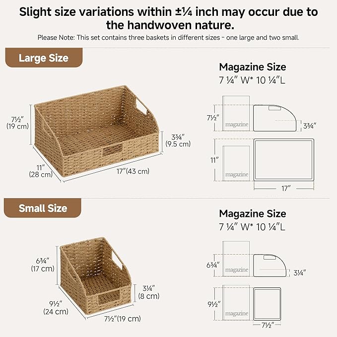 StorageWorks Paper Rope Pantry Storage Baskets, Wicker Baskets with Built-in Handles, Handwoven Shelf Baskets for Organizing, Pantry Organizers and Storage, Natural, 3 Pack