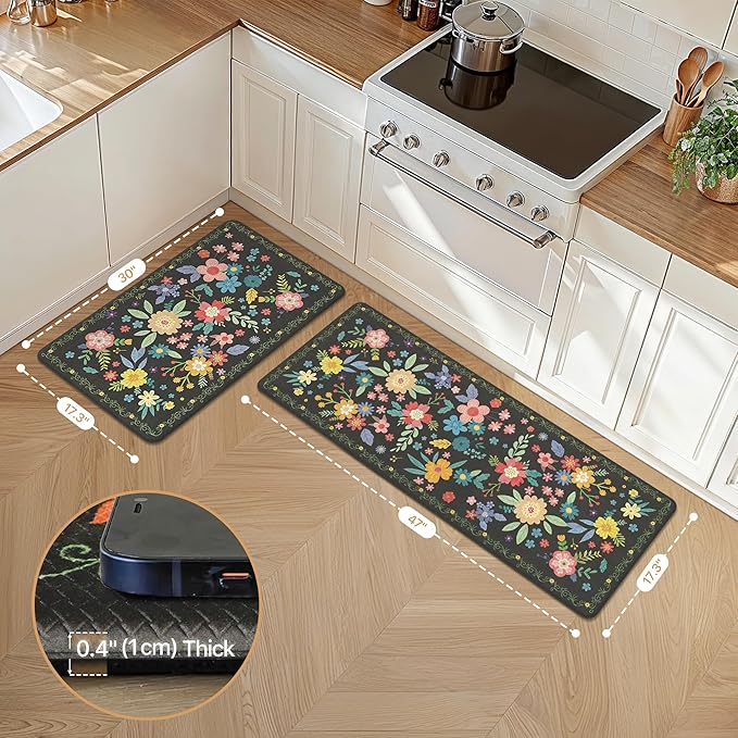 GENIMO Kitchen Mats for Floor 2PCS, Cushioned Kitchen Rugs Non Slip Washable, Farmhouse Anti Fatigue Mat Waterproof, Comfort Standing Mat Rug for Office, Home, Laundry, 17.3"x47"+17.3"x30", Black