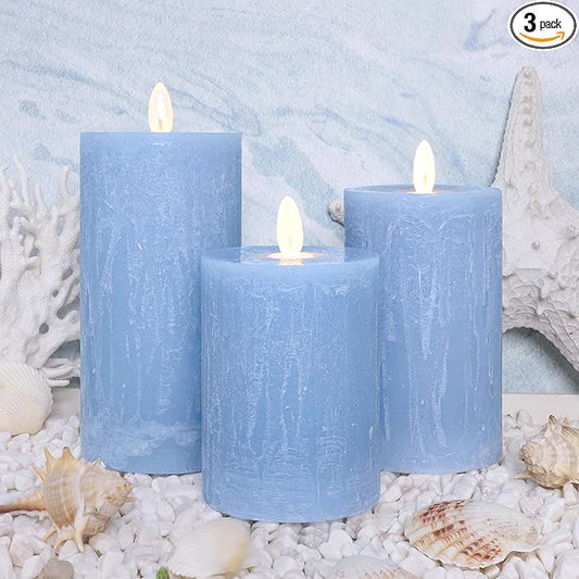 Rustic Blue Flameless Candles with Remote Control & Timer Function Real Wax Ocean Pillar LED Candles Rough Texture Design Battery Candles for Home Party Wedding Christmas Nautical Decor Set of 3