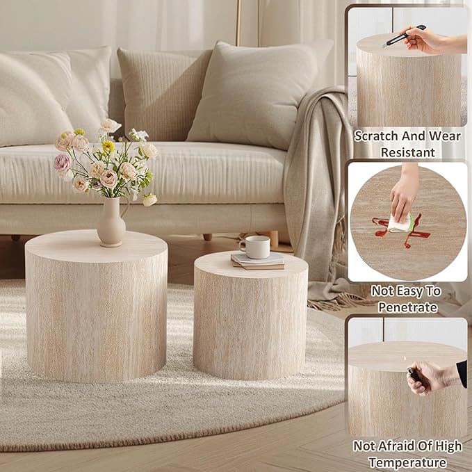 Round Drum Coffee Table Travertine Nesting Coffee Table Set of 2 for Living Room Modern Luxury Wood Side Tables Stacking Accent End Table for Apartment,Travertine