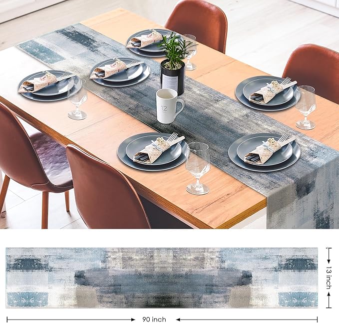 Emvency Farmhouse Table Runner, Vintage Blue and Grey Abstract Art Painting for Kitchen Coffee Table Family Dinners Holiday Parties Wedding Events Decor(13x90 inch)