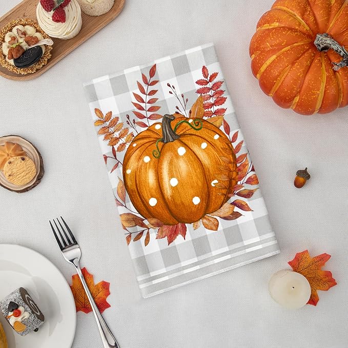 Amandir Fall Kitchen Dish Towels Orange Buffalo Plaid Polka Dot Leaves Hello Pumpkin Fall Hand Towels, 18x26 Inch Farmhouse Home Decor Tea Bathroom Autumn Thanksgiving Decorations Set of 4
