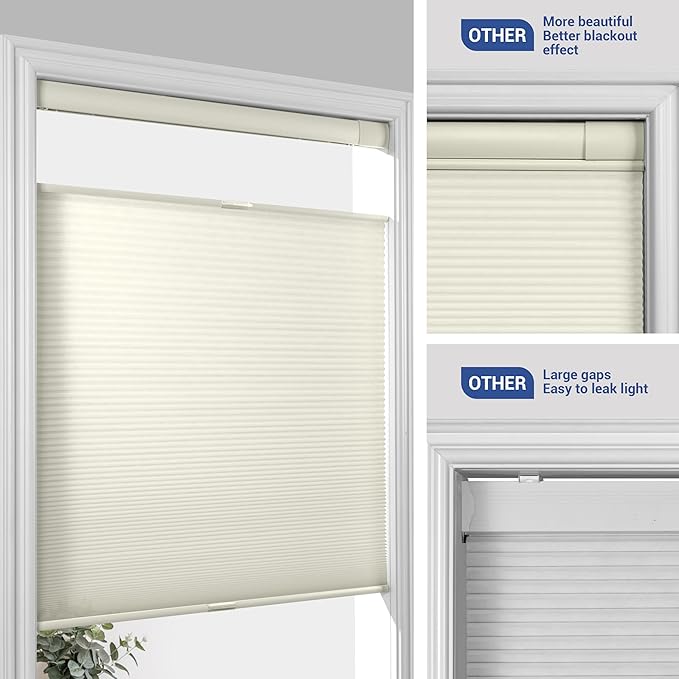 No Drill No Tools Cellular Shades Top Down Bottom Up Blackout Blinds for Windows Cordless Honeycomb Window Shades Easy to Install for Home, Light Filtering-Grey, Customized Size