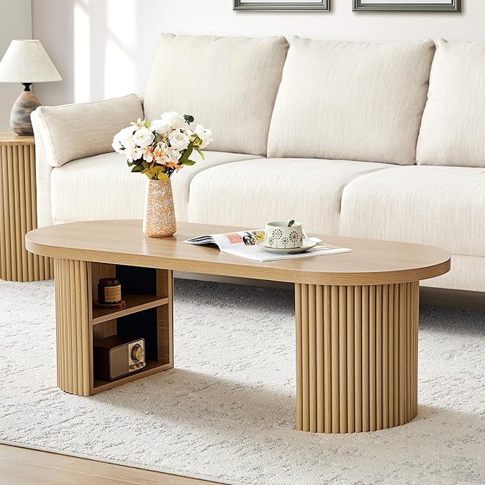 AVZEAR Fluted Oval Coffee Table with Storage for Living Room, Boho Modern Coffee Table, Curved Round Wood Center Table for Home, Small Spaces, Office, Natural(47.24" x 19.69" x 15.74")