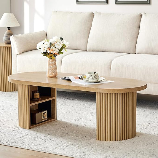 AVZEAR Fluted Oval Coffee Table with Storage for Living Room, Boho Modern Coffee Table, Curved Round Wood Center Table for Home, Small Spaces, Office, Natural(47.24" x 19.69" x 15.74")