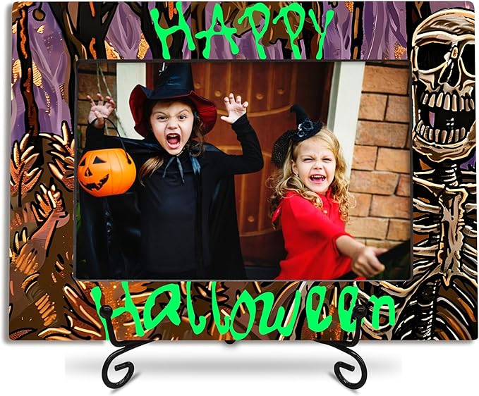 4X6 Halloween Picture Frame With A Metal Stand-Dark Style, Abstract Skeleton Print- Gifts for Kids Friends Family, Wooden Photo Frame For Tabletop Display, Halloween Theme- A27