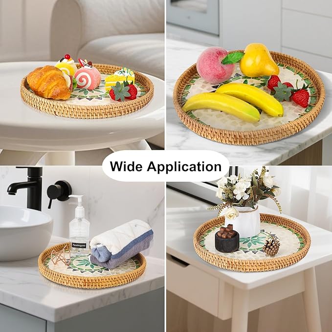 Round Rattan Serving Tray with Mother of Pearl Inlay & Coaster, Boho Wicker Basket, Decorative Coffee Table Tray for Table Decor, Storage and Display of Coffee Bread Fruit(Bohemia)
