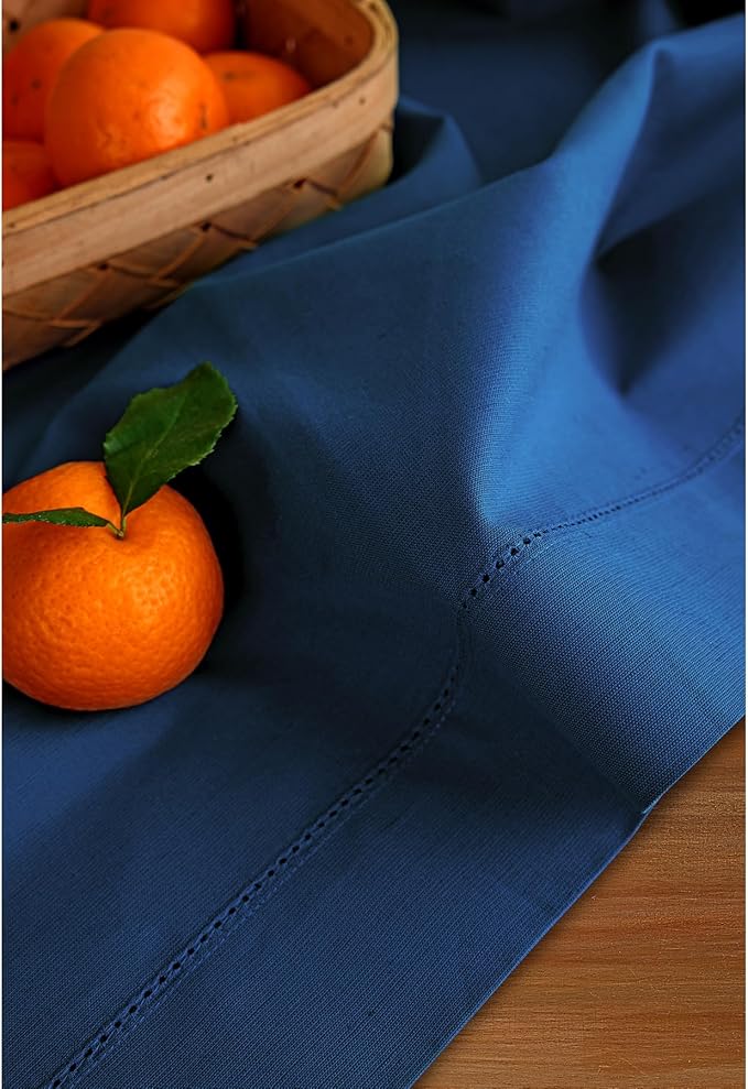Solino Home Cotton Linen Table Runner 36 Inches - Lapis Blue Hemstitch Table Runner 14 x 36 Inch Ideal for Dresser and Coffee Tables - Fall, Autumn, Halloween