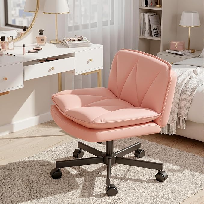 Criss Cross Chair with Wheels and Back,Cross Legged Office Chair with 2-Layer Cushion,Swivel Leather Home Office Desk Chairs Height Adjustable for Make Up,Bedroom,Pink