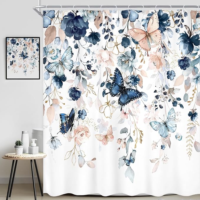 Extra Long Blue Pink Shower Curtain 72Wx78H Inch Floral Butterfly Spring Summer Plant Natural Gold Green Leaves Botanical Bathroom Set Country Woman Bath Curtain Bathtub Accessories Home Decor