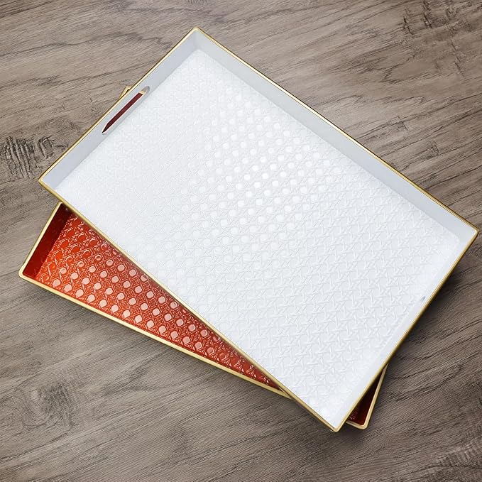 Orange Decorative Coffee Table Tray, Rectangular Plastic Serving Tray with Handles for Living Room, Ottoman, Bathroom, 15.7"*10.2"